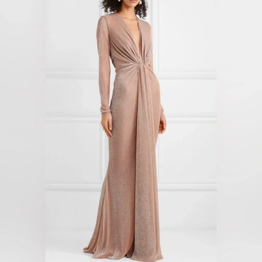 NEW Talbot Runhof Nominee Deep V Long Sleeve Metallic Lurex Gown - Picture 1 of 5